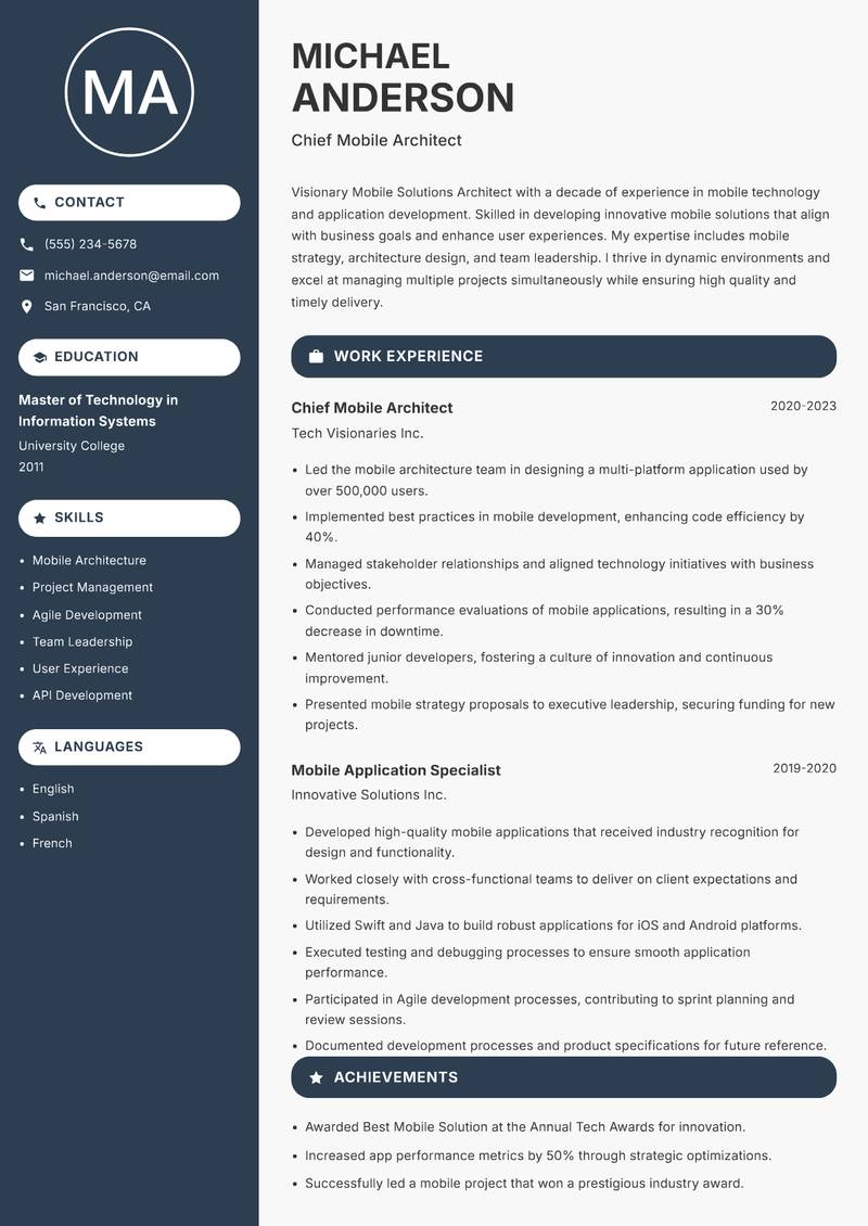Mobile Solutions Architect resume sample — Chief Mobile Architect focus