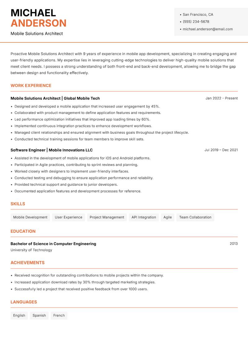 Mobile Solutions Architect resume sample — Mobile Solutions Architect focus