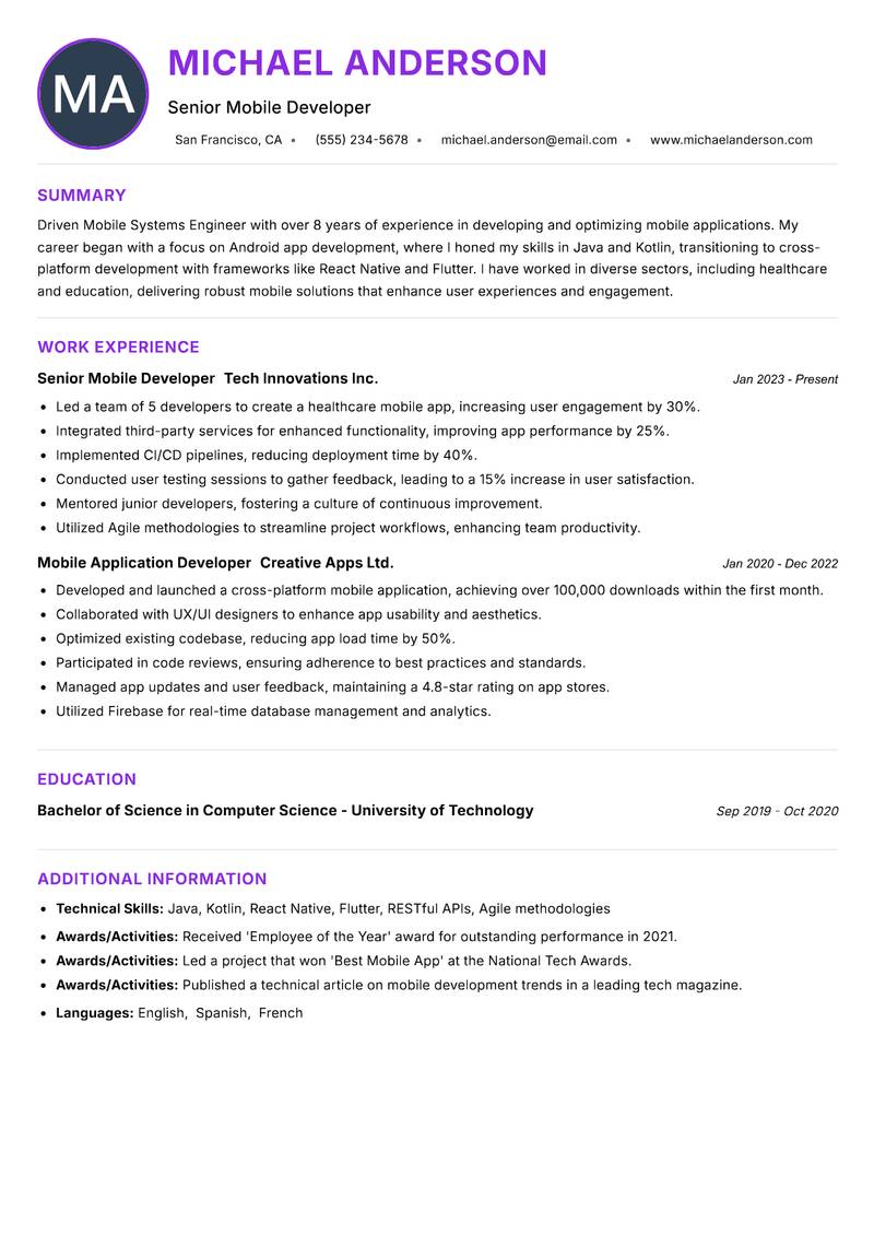 Mobile Systems Engineer resume example