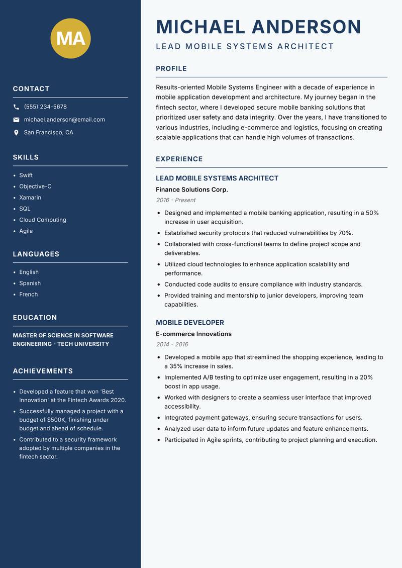 Mobile Systems Engineer resume sample — Lead Mobile Systems Architect focus