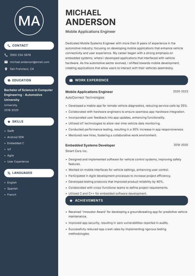 Mobile Systems Engineer resume sample — Mobile Applications Engineer focus