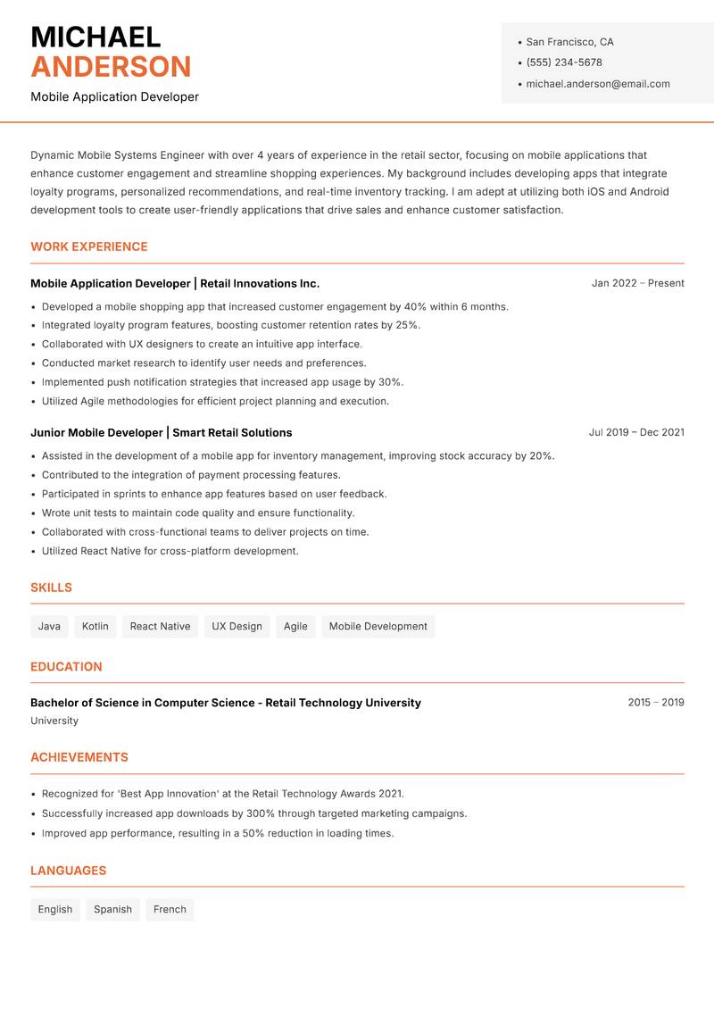 Mobile Systems Engineer resume sample — Mobile Application Developer focus