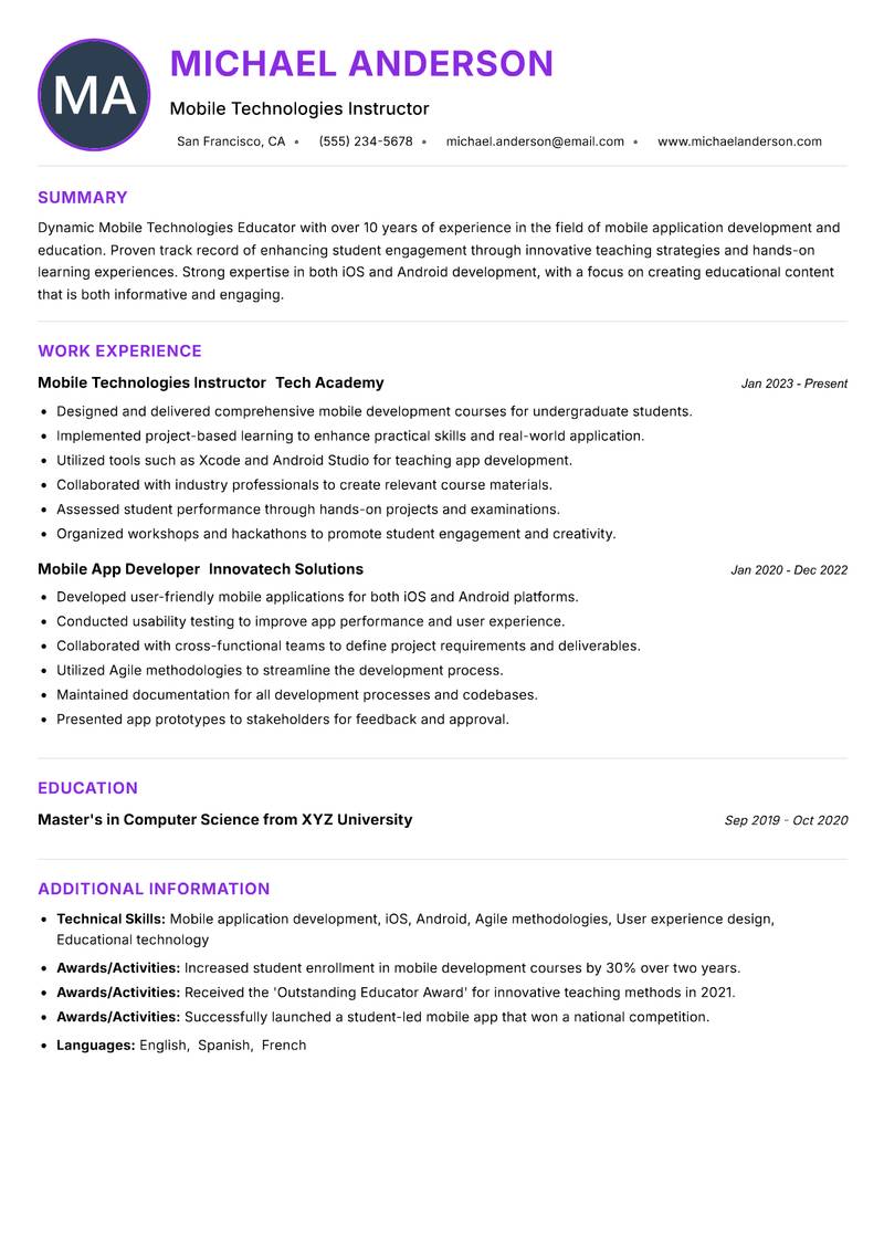 Mobile Technologies Educator resume example