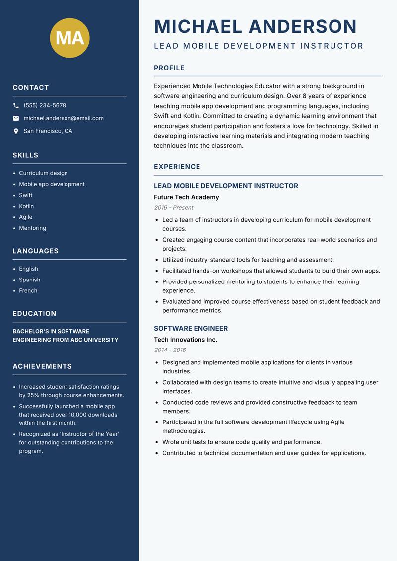 Mobile Technologies Educator resume sample — Lead Mobile Development Instructor focus