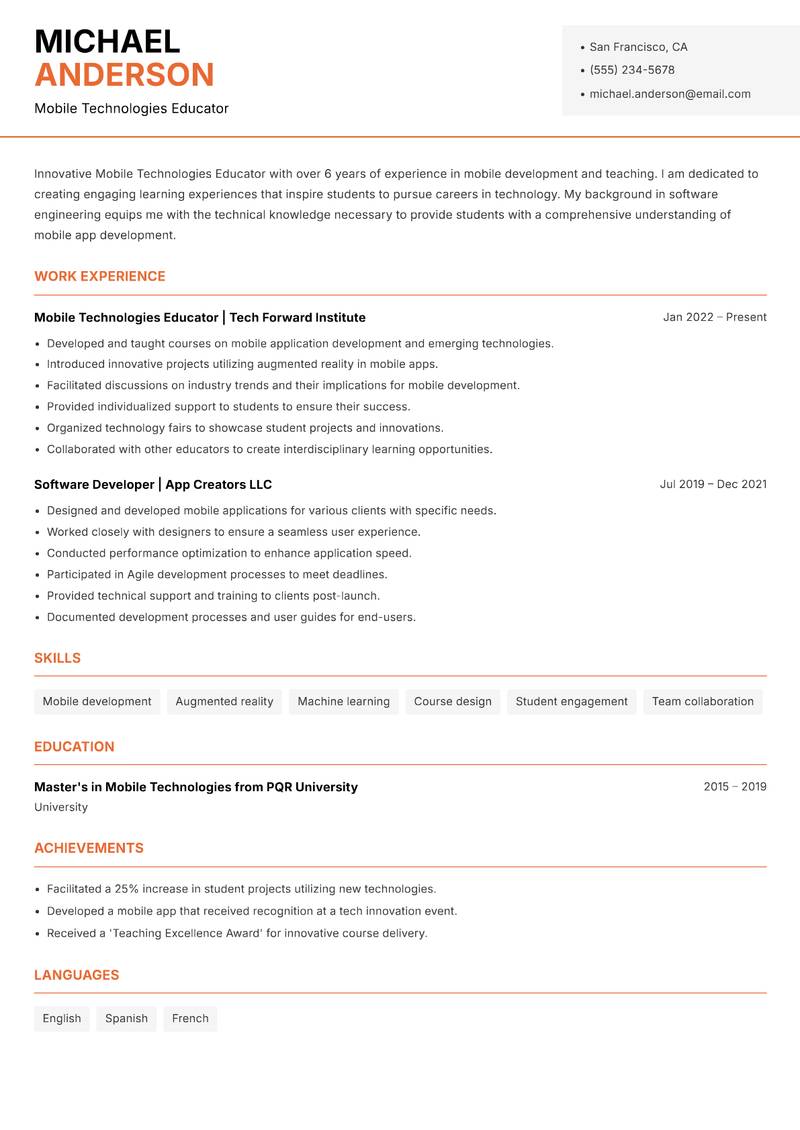 Mobile Technologies Educator resume sample — Mobile Technologies Educator focus