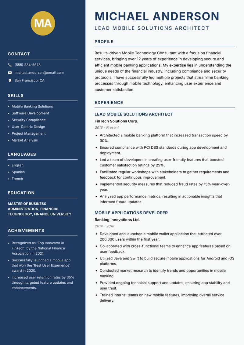 Mobile Technology Consultant resume sample — Lead Mobile Solutions Architect focus