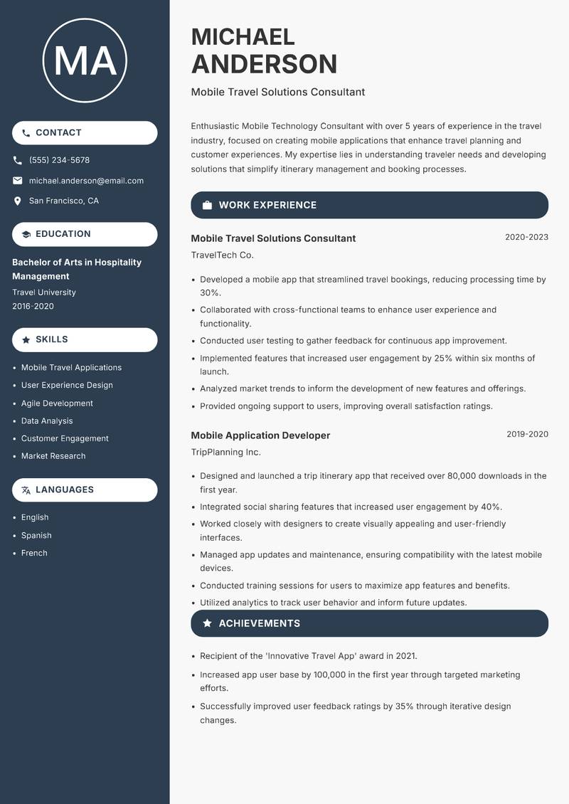 Mobile Technology Consultant resume sample — Mobile Travel Solutions Consultant focus