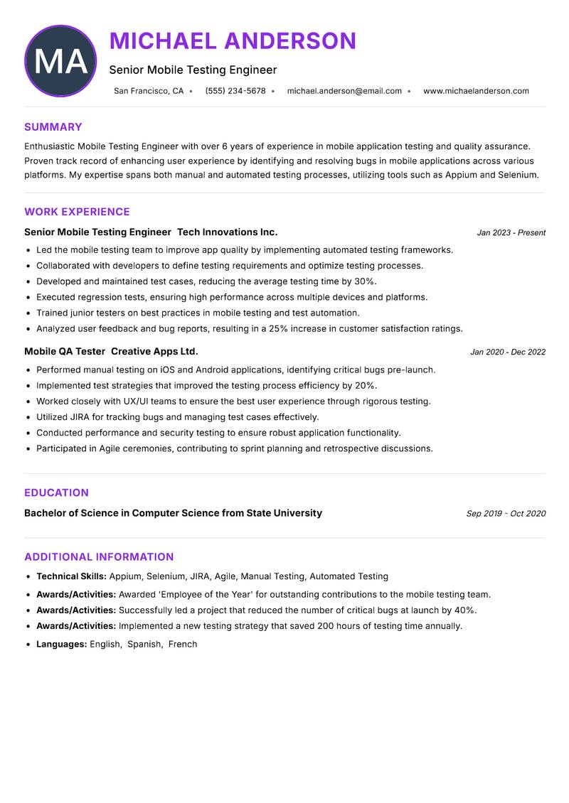 Mobile Testing Engineer resume example