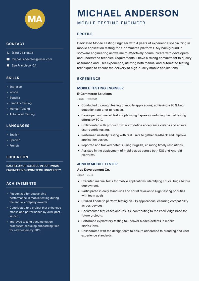 Mobile Testing Engineer resume sample — Mobile Testing Engineer focus