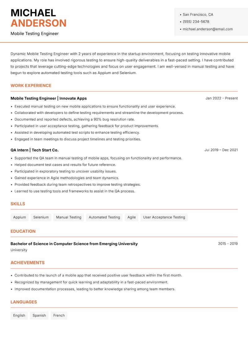 Mobile Testing Engineer resume sample — Mobile Testing Engineer focus