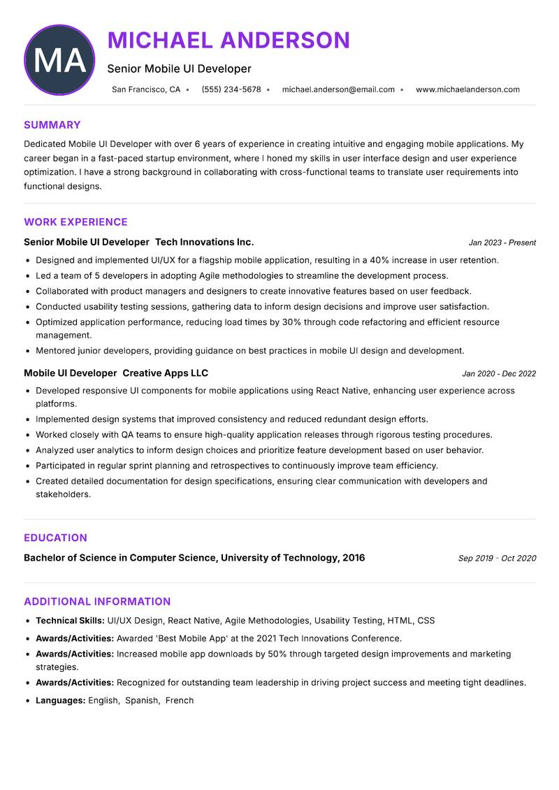 Mobile UI Developer resume example