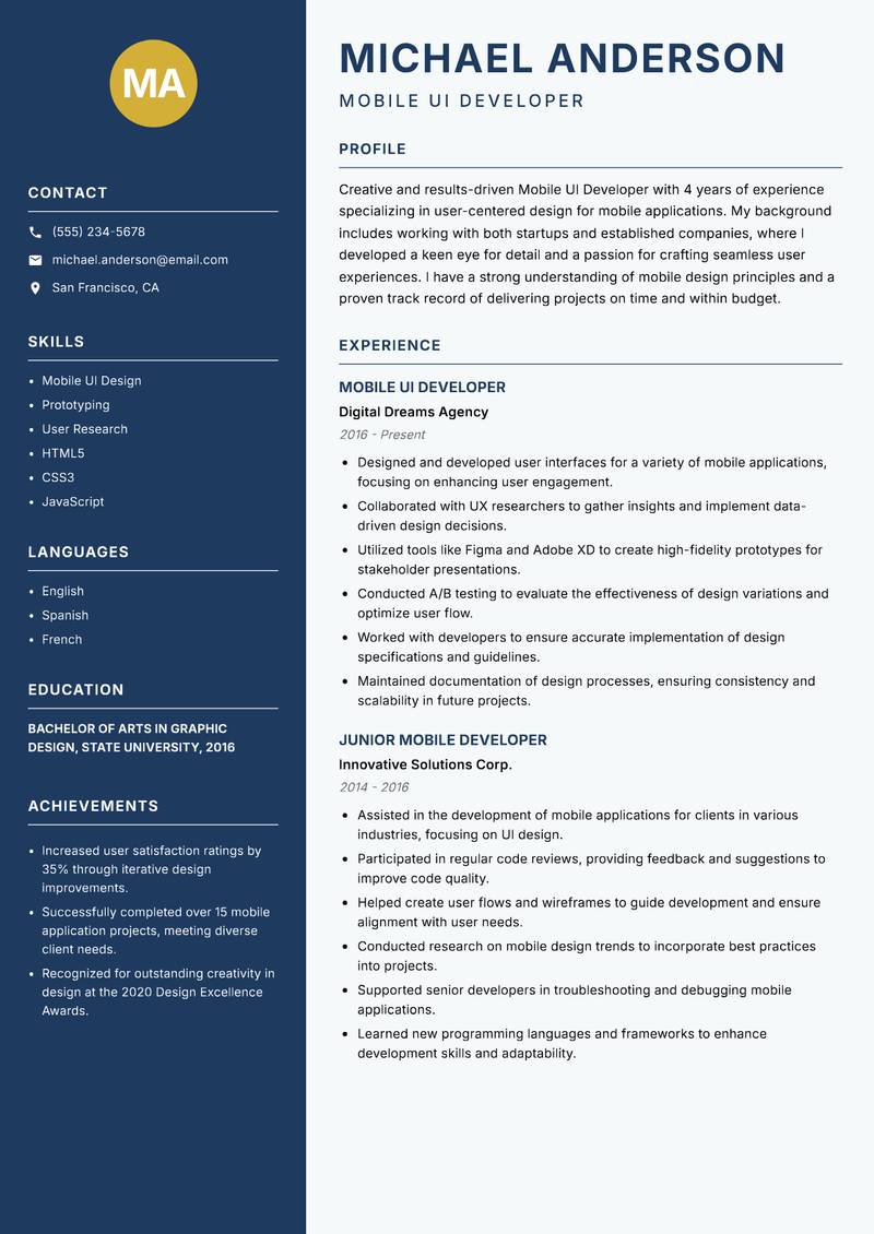 Mobile UI Developer resume sample — Mobile UI Developer focus