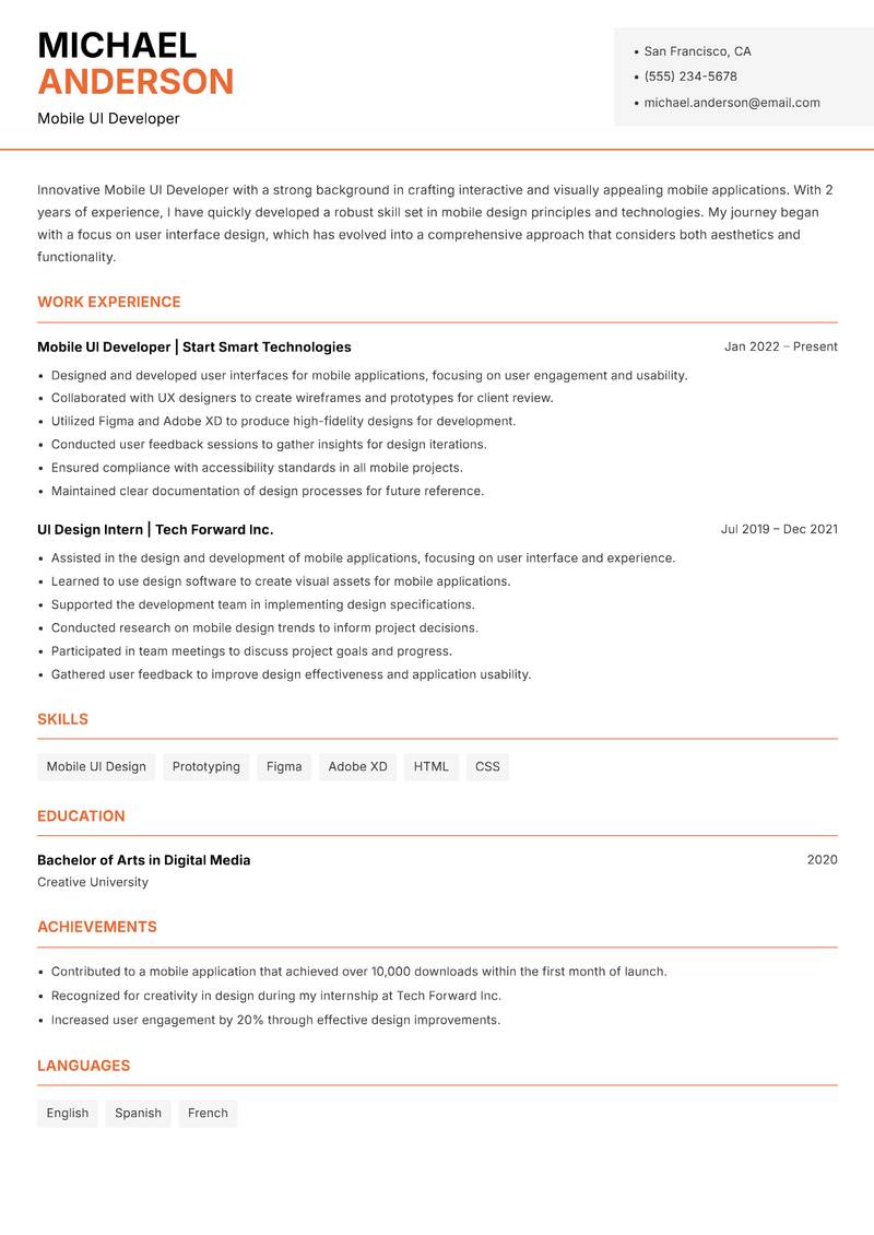 Mobile UI Developer resume sample — Mobile UI Developer focus