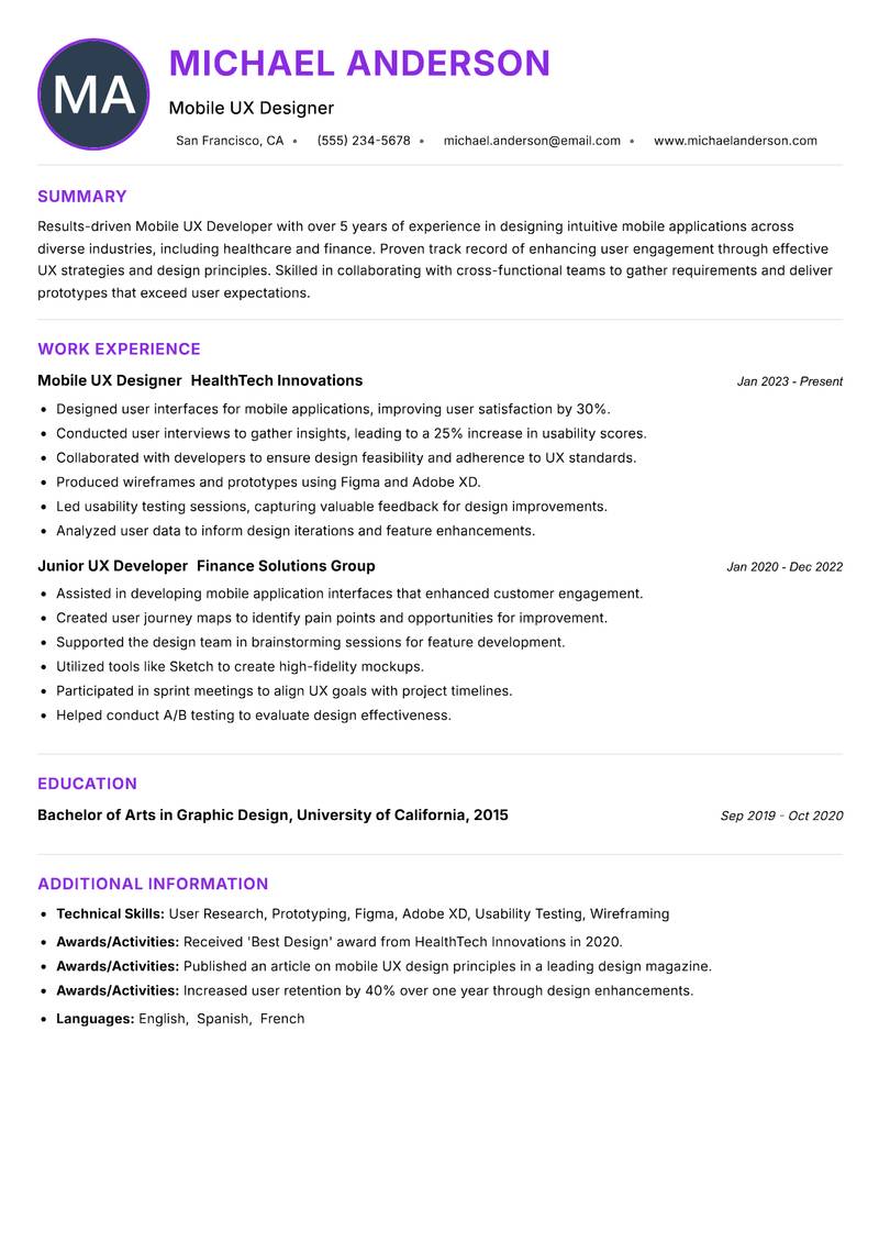 Mobile UX Developer resume example