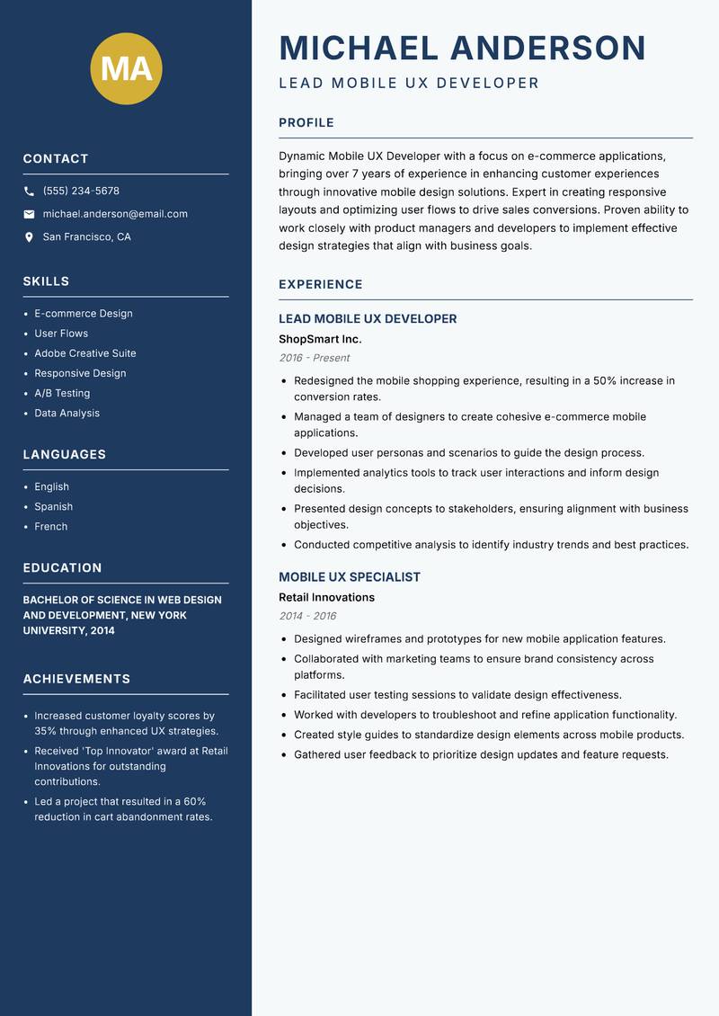 Mobile UX Developer resume sample — Lead Mobile UX Developer focus