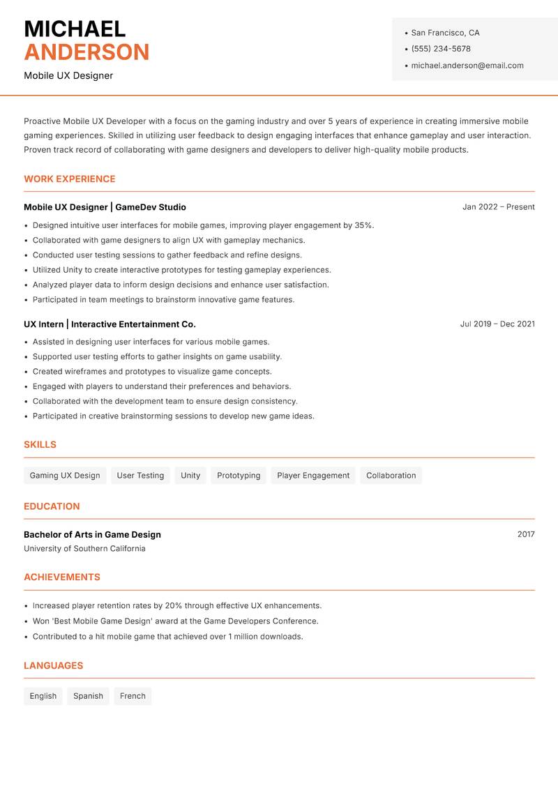 Mobile UX Developer resume sample — Mobile UX Designer focus