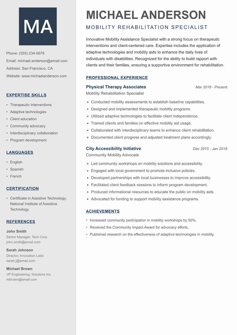 Mobility Assistance Specialist resume sample — Mobility Rehabilitation Specialist focus