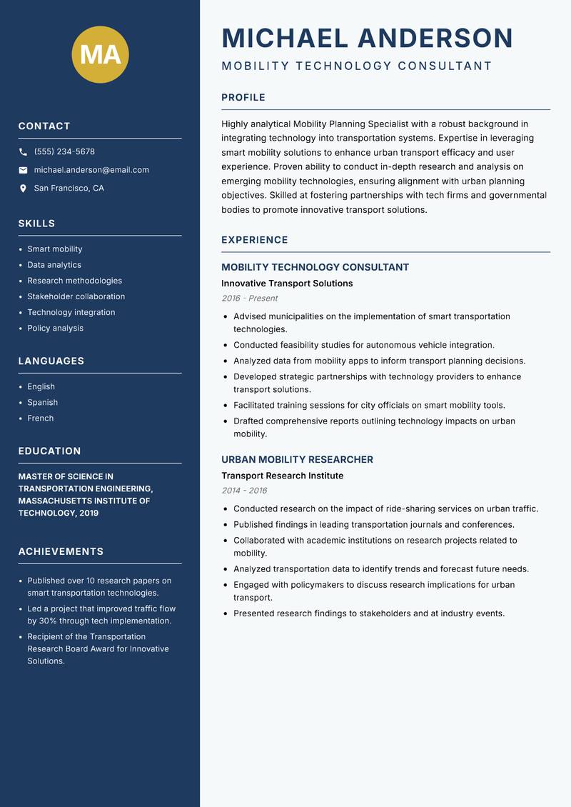Mobility Planning Specialist resume sample — Mobility Technology Consultant focus