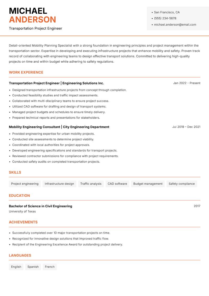Mobility Planning Specialist resume sample — Transportation Project Engineer focus