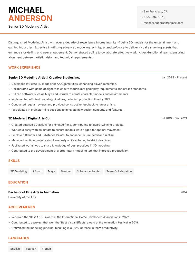 Modeling Artist resume sample — Senior 3D Modeling Artist focus