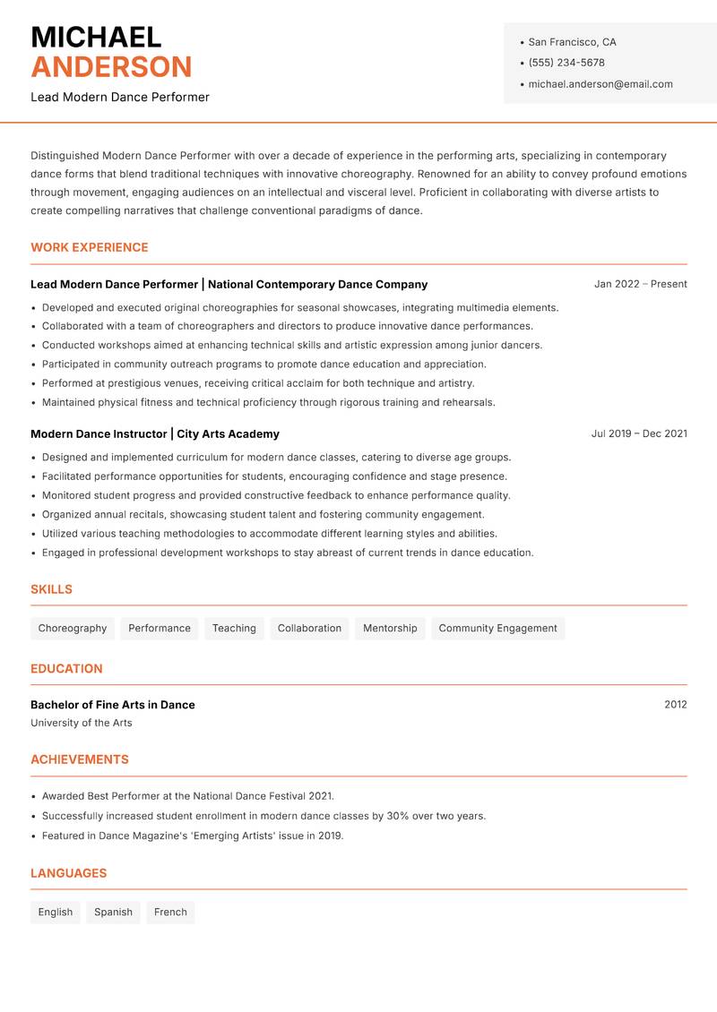 Modern Dance Performer resume sample — Lead Modern Dance Performer focus