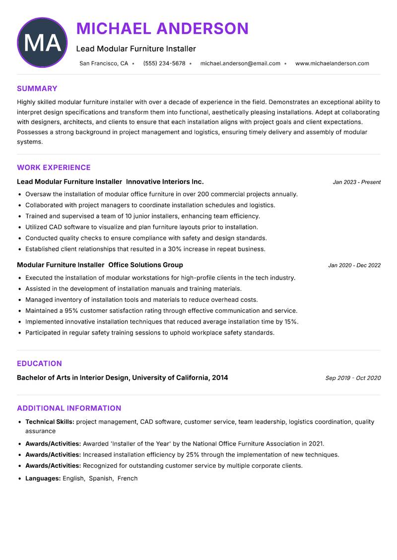Modular Furniture Installer resume example
