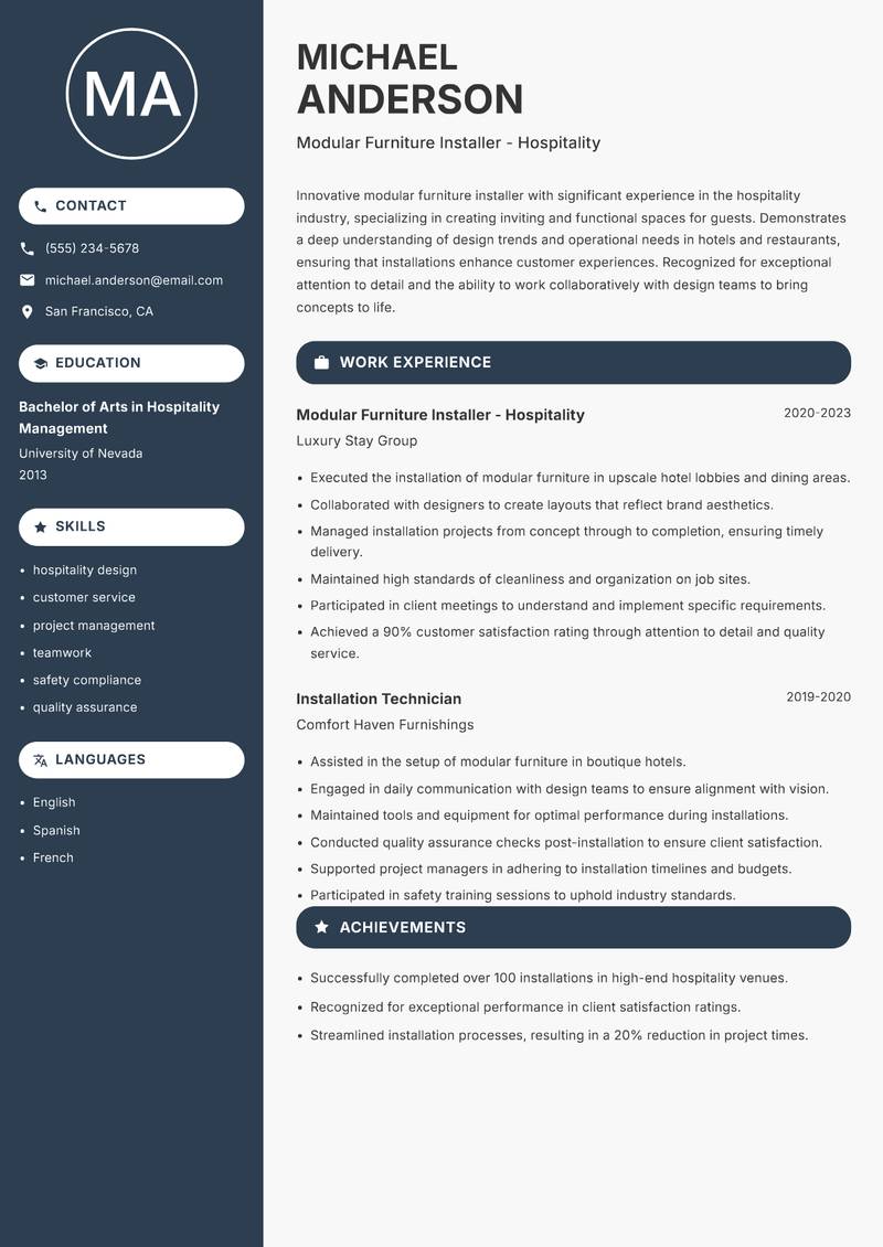 Modular Furniture Installer resume sample — Modular Furniture Installer - Hospitality focus