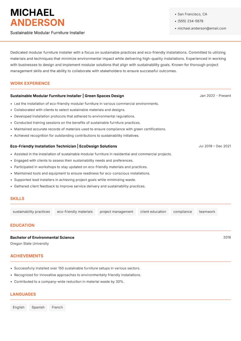 Modular Furniture Installer resume sample — Sustainable Modular Furniture Installer focus