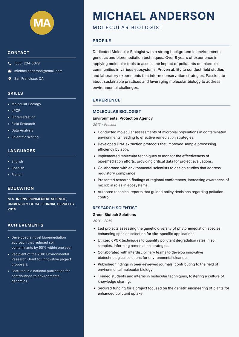 Molecular Biologist resume sample — Molecular Biologist focus