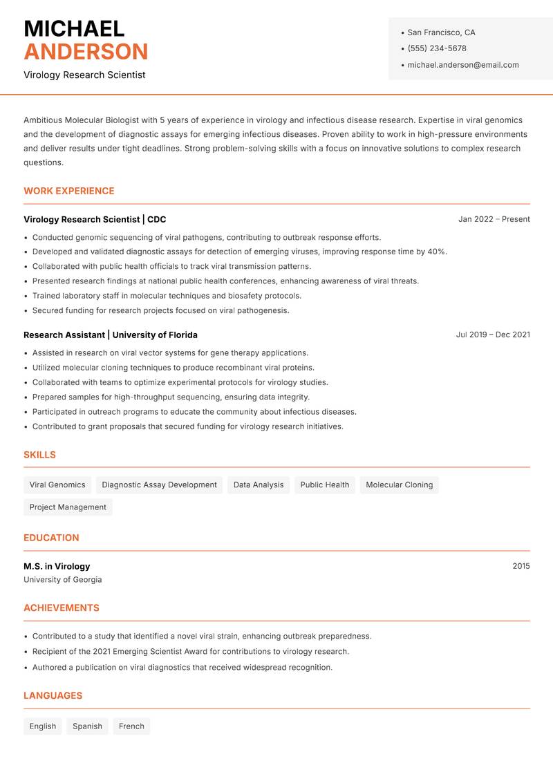 Molecular Biologist resume sample — Virology Research Scientist focus