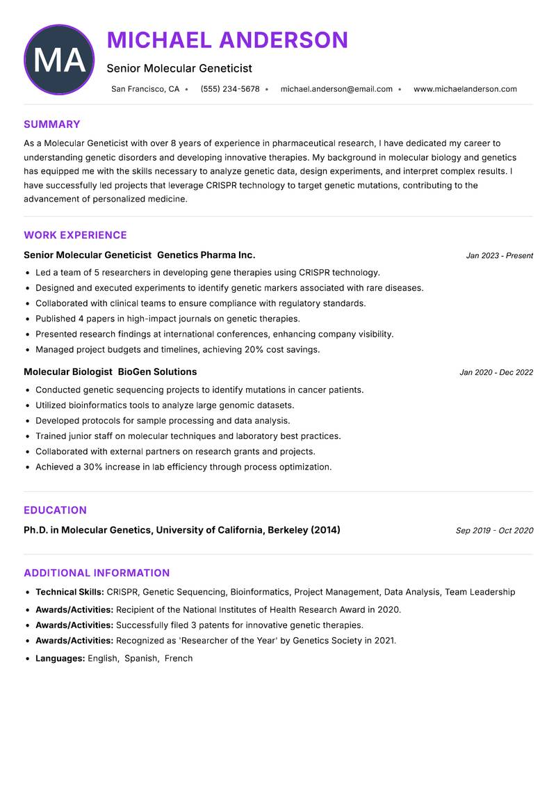 Molecular Geneticist resume example