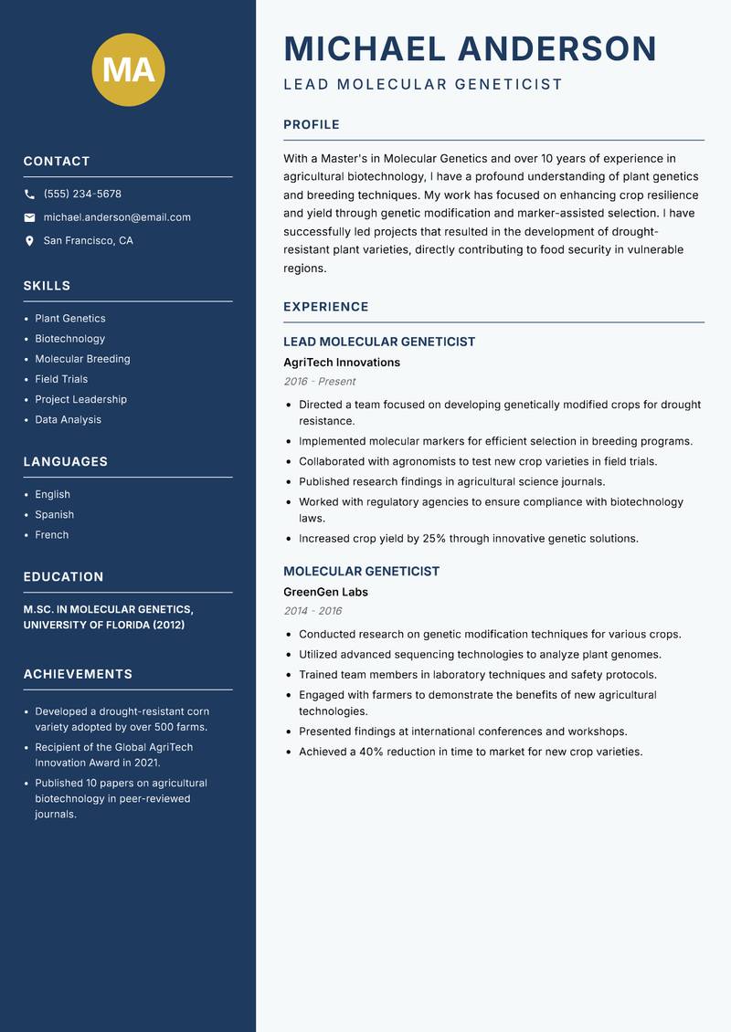 Molecular Geneticist resume sample — Lead Molecular Geneticist focus