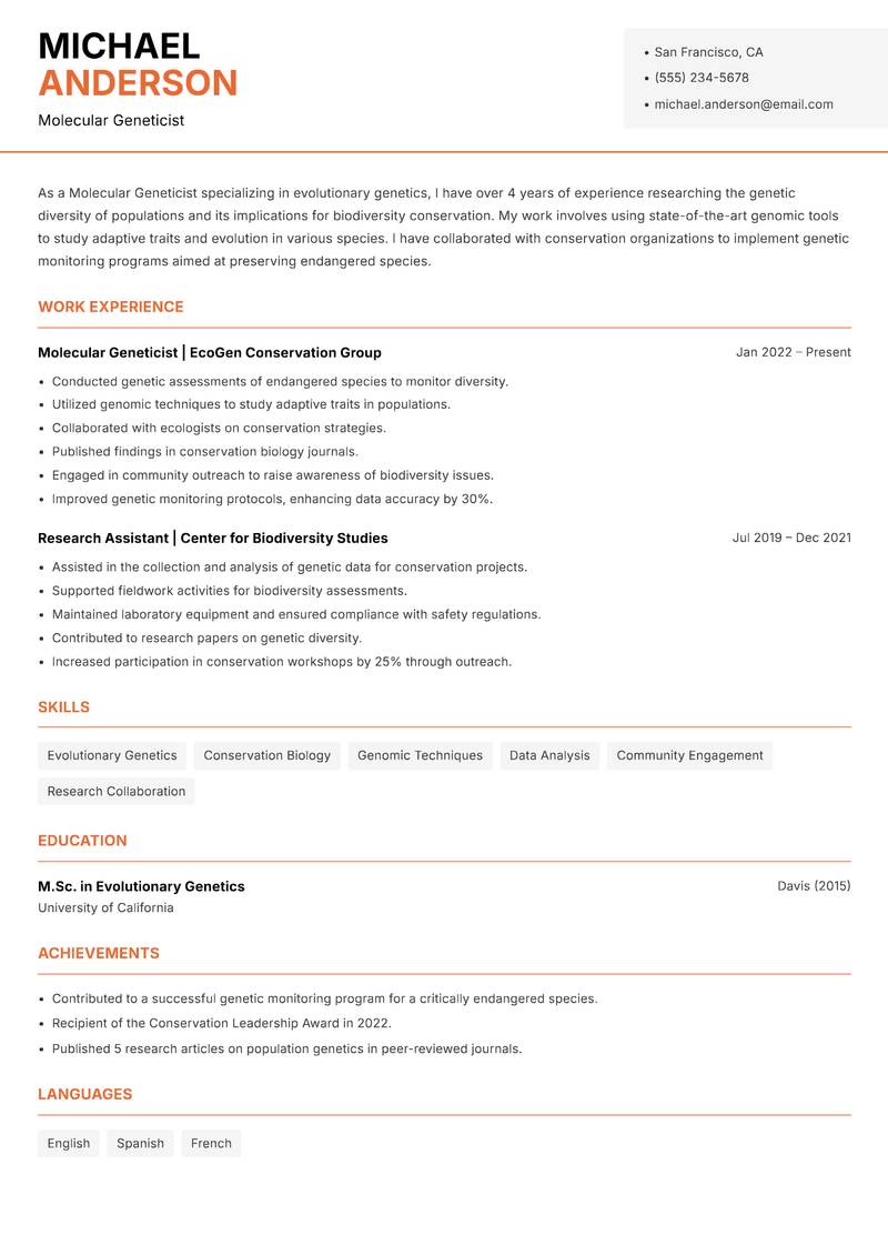 Molecular Geneticist resume sample — Molecular Geneticist focus