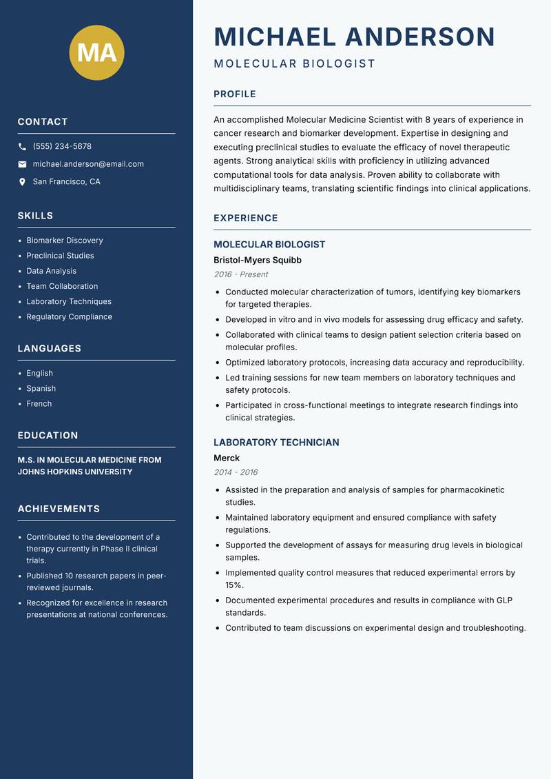 Molecular Medicine Scientist resume sample — Molecular Biologist focus