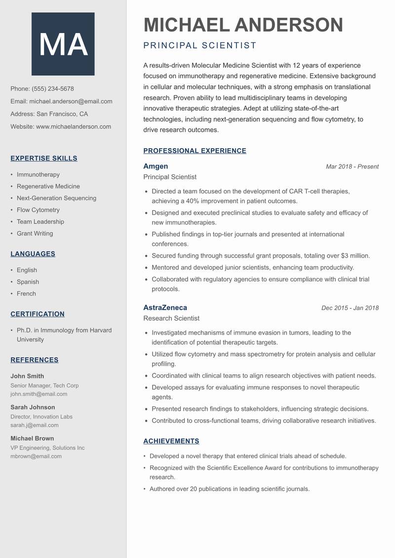 Molecular Medicine Scientist resume sample — Principal Scientist focus