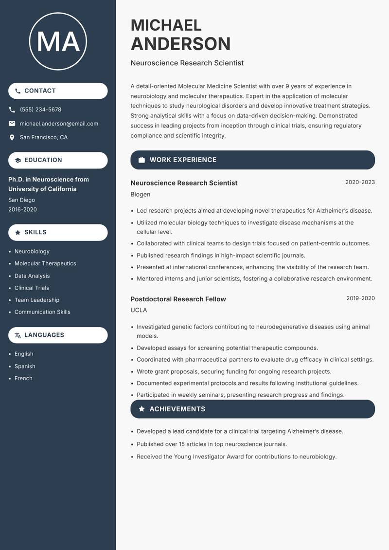 Molecular Medicine Scientist resume sample — Neuroscience Research Scientist focus