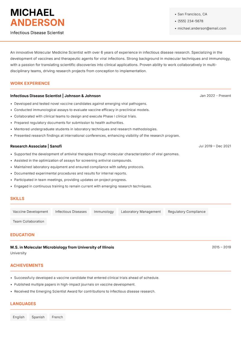 Molecular Medicine Scientist resume sample — Infectious Disease Scientist focus