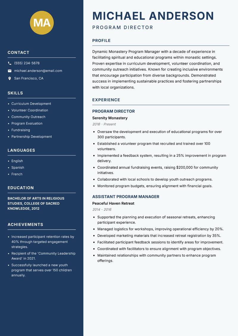 Monastery Program Manager resume sample — Program Director focus