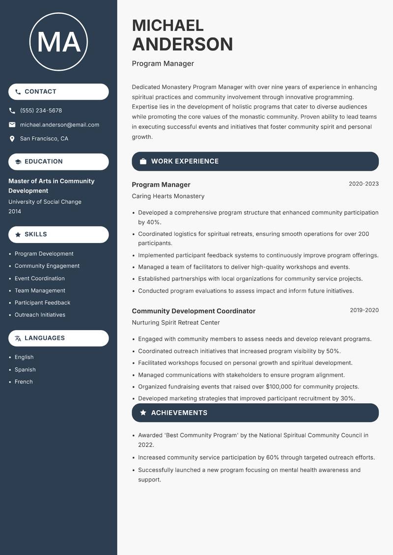 Monastery Program Manager resume sample — Program Manager focus