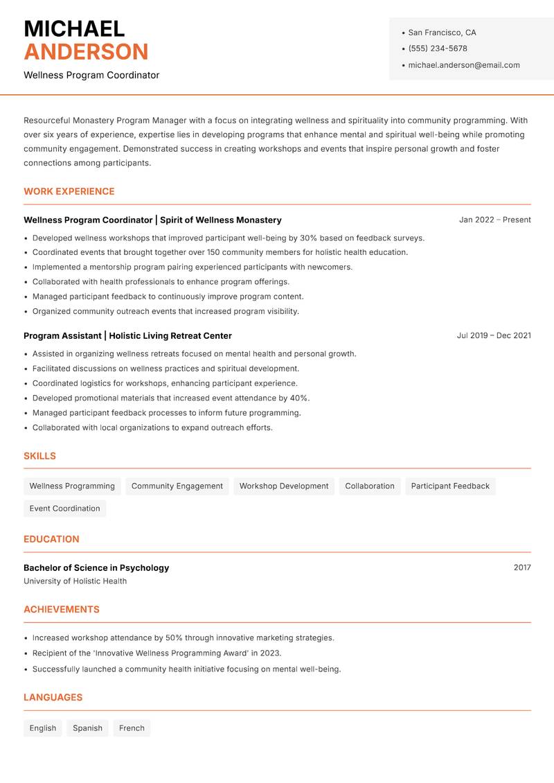 Monastery Program Manager resume sample — Wellness Program Coordinator focus
