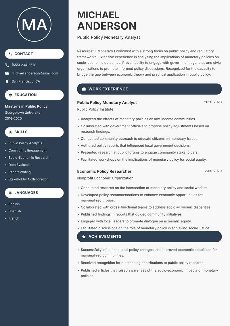 Monetary Economist resume sample — Public Policy Monetary Analyst focus
