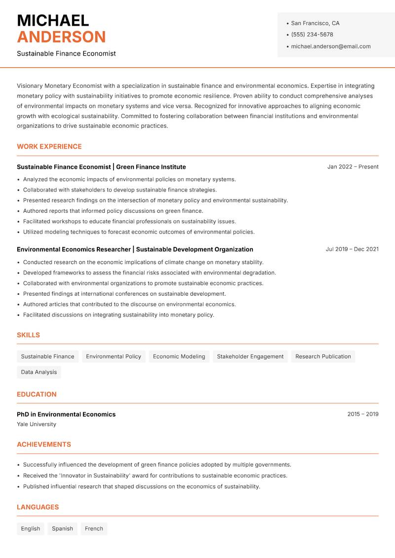 Monetary Economist resume sample — Sustainable Finance Economist focus