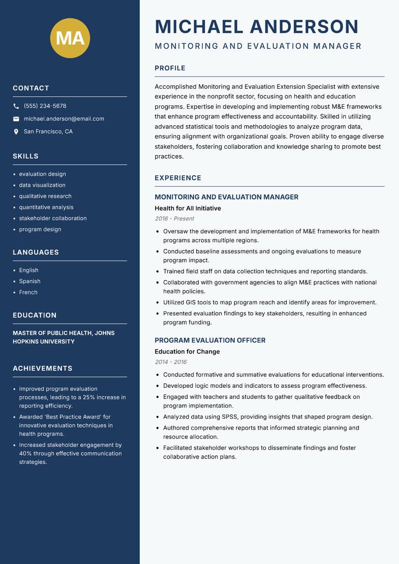 Monitoring and Evaluation Extension Specialist resume sample — Monitoring and Evaluation Manager focus