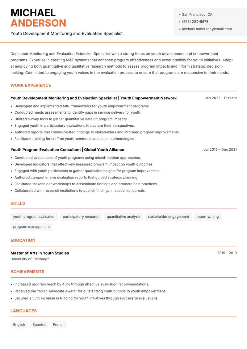 Monitoring and Evaluation Extension Specialist resume sample — Youth Development Monitoring and Evaluation Specialist focus
