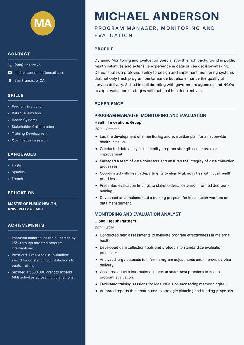 Monitoring and Evaluation Specialist resume sample — Program Manager, Monitoring and Evaluation focus