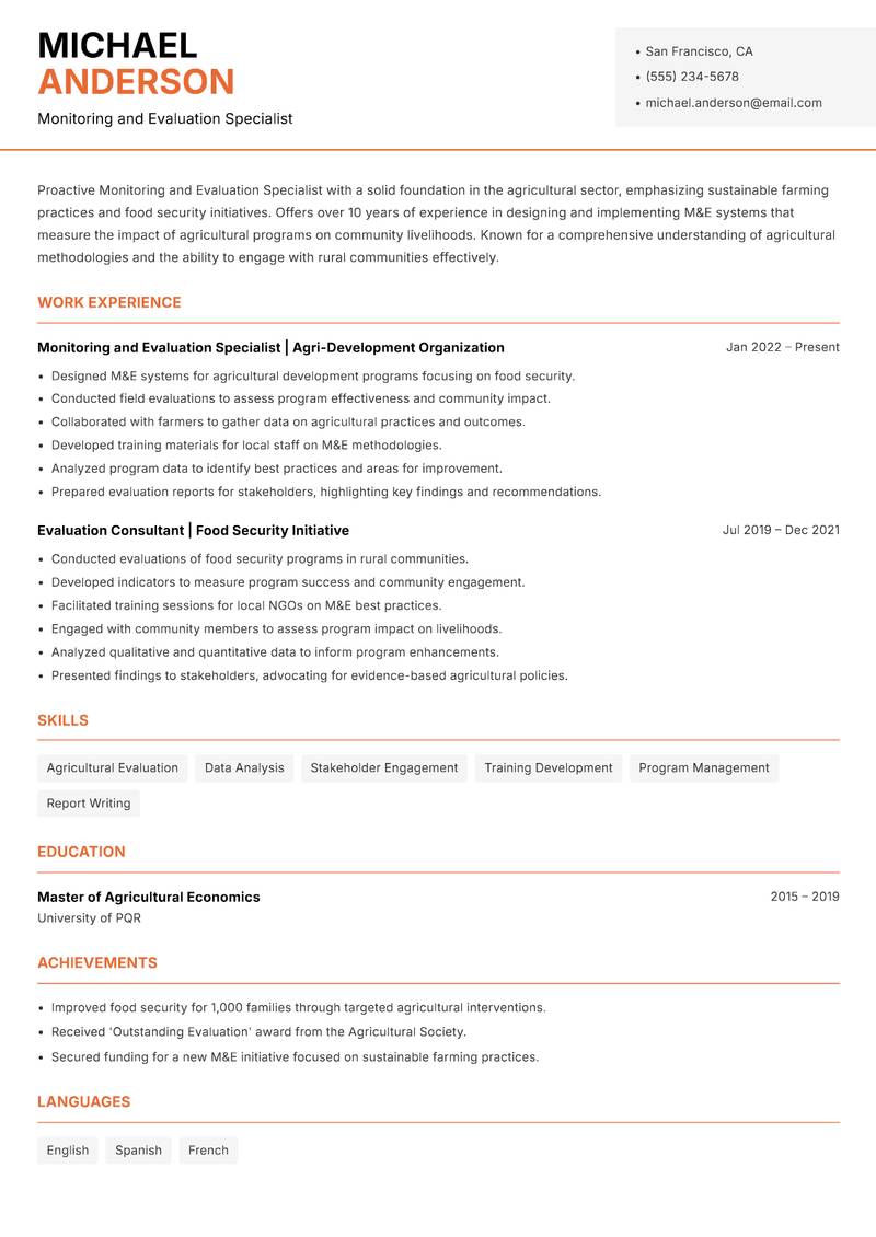 Monitoring and Evaluation Specialist resume sample — Monitoring and Evaluation Specialist focus