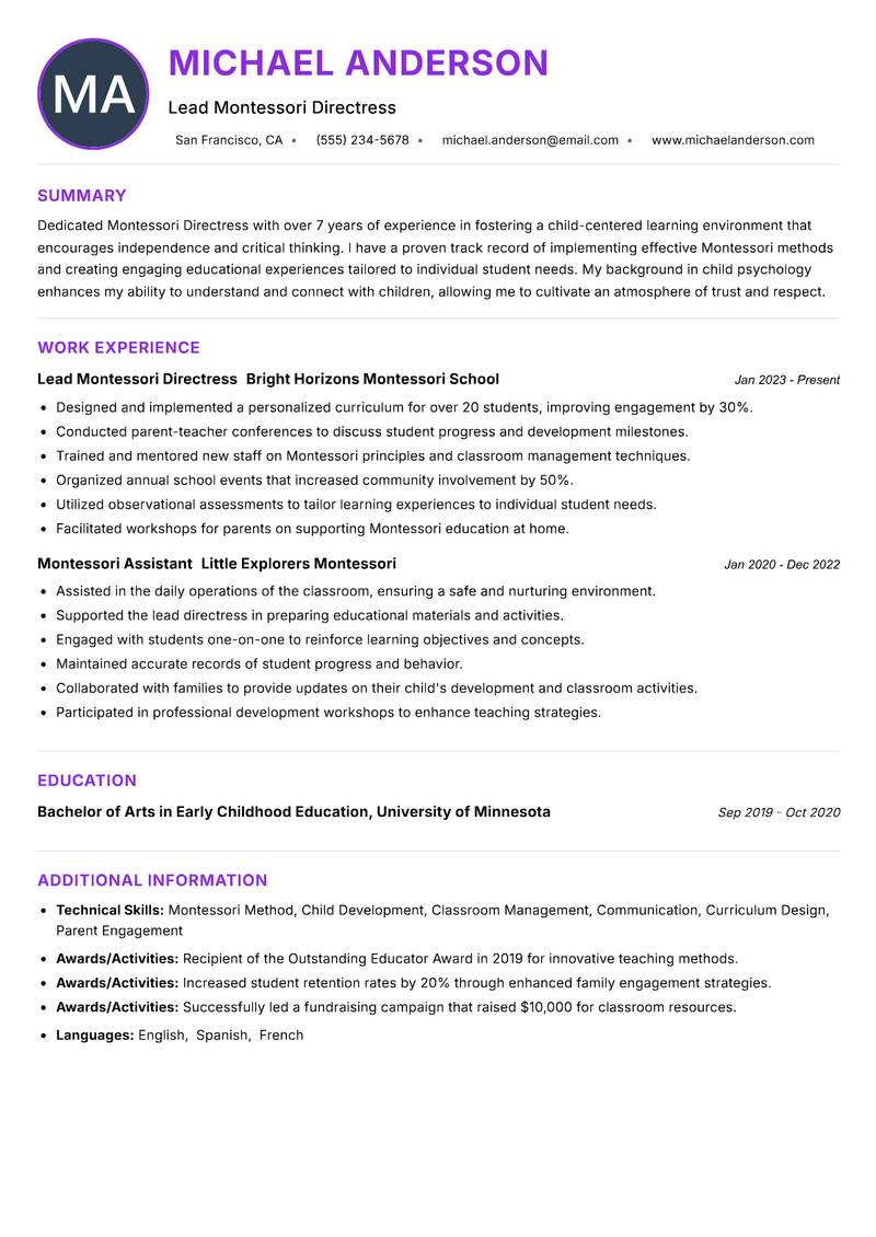 Montessori Directress resume example