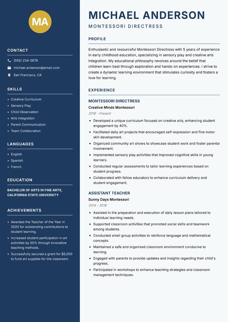 Montessori Directress resume sample — Montessori Directress focus