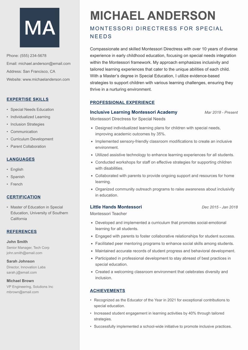 Montessori Directress resume sample — Montessori Directress for Special Needs focus