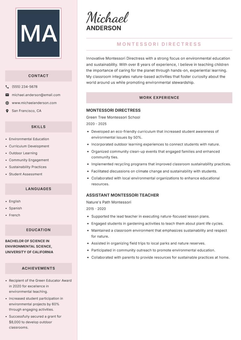 Montessori Directress resume sample — Montessori Directress focus